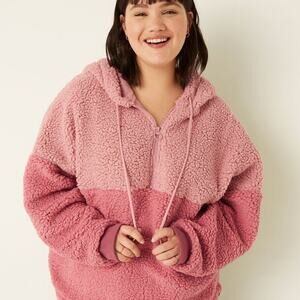 PINK Varsity Sherpa Half Zip Pullover Hoodie Damsel Pink Colorblock NWT Large